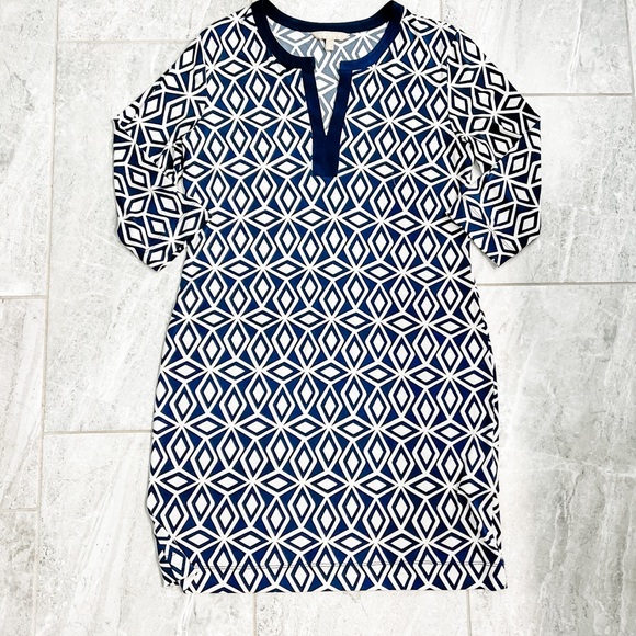Banana Republic Navy and White Stretch 3/4 Sleeve Geometric Print Shift Dress M - Picture 3 of 8